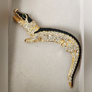 Large Statement Alligator Crocodile Austrian Crystal and Enamel Brooch Pin